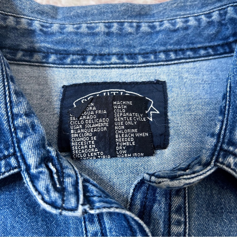VNTG 90's Fall Harvest Embroidered Chambray Denim Shirt Cotton Size PETITE Large - Picture 4 of 16